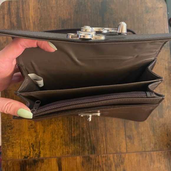 Hook Clasp Brown Faux Leather Multi Compartment Small Bag - Picture 5 of 5